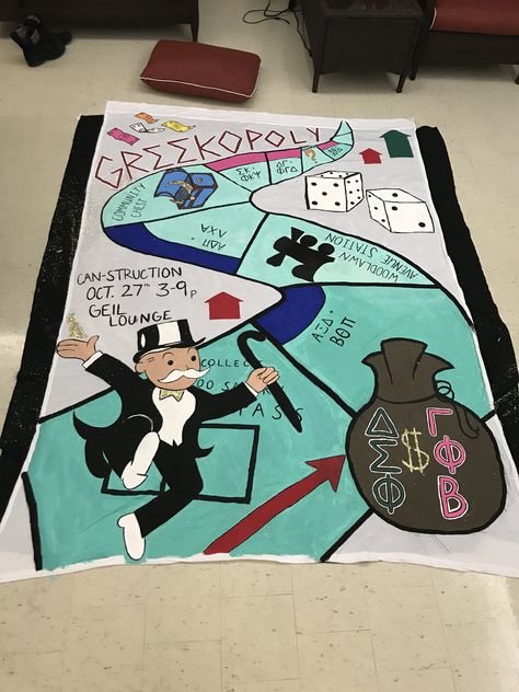 Greek Week Monopoly Theme Greek Week Theme Ideas, Greek Week Banner, Greek Week Theme, Monopoly Theme, Greek Theme, Rush Week, Greek Week, Frat Parties, Banner Ideas