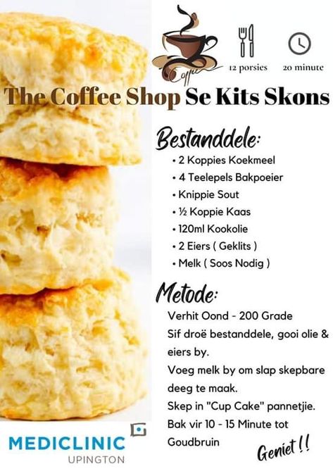 Resepte Afrikaans Boerekos, Vetkoek Recipe South Africa, Beskuit Resepte, Tea Scones Recipe, Cheese Recipes Homemade, Scones Recipe Easy, Cookie Recipes Homemade, Scones Recipe, Sweet Recipes Desserts