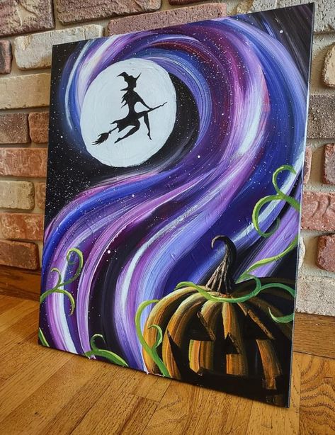 Scary Canvas Painting Ideas, Halloween Canvas Paintings, Halloween Canvas Art, Witch Painting, Disney Canvas Art, Fall Canvas Painting, Acrylic Art Projects, Halloween Idea, Canvas Drawings