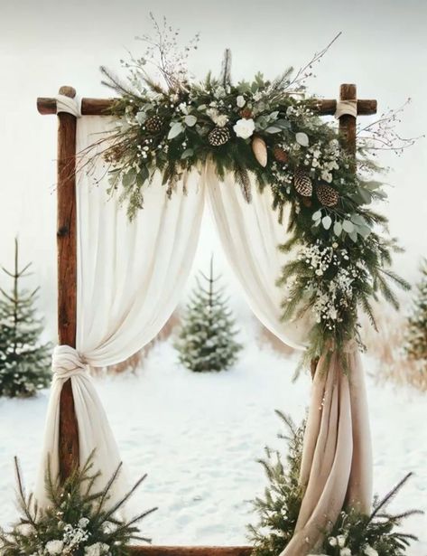 Wedding Arch Ideas Winter, Winter Outdoor Ceremony, Pine Arch Wedding, Wedding Arbor Garland, Christmas Arch Wedding, Winter Wedding Ceremony Arch, December Wedding Themes, Winter Winery Wedding, Wedding Invitation Winter