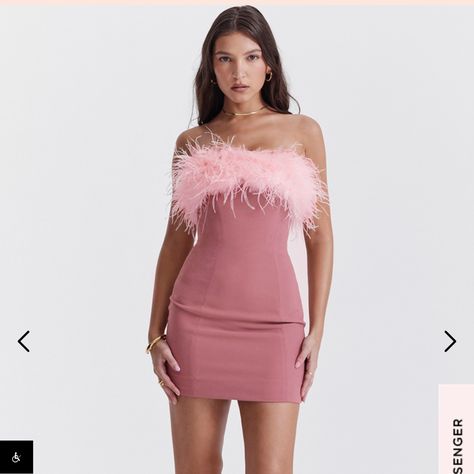 Gown Aesthetic, Feminine Elegance, Feather Trim, Pink Feathers, House Of Cb, Stretch Crepe, Strapless Mini Dress, Pink Mini Dresses, Sequin Mini Dress