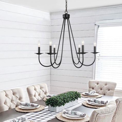 Farmhouse Chandelier Dining Rooms, Modern Farmhouse Lighting Fixtures, Kitchen Chandelier Over Table, Farmhouse Dining Room Light Fixtures, Black Candle Chandelier, Dinning Room Light Fixture, Modern Farmhouse Black, Country Pendant Lighting, Piano Decor