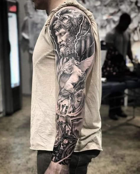 Hercules Tattoo, Greek God Tattoo, Mangas Tattoo, Gladiator Tattoo, Poseidon Tattoo, Zeus Tattoo, Spartan Tattoo, Men Tattoos Arm Sleeve, Greek Mythology Tattoos