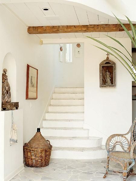 Modern Coastal Style | Centsational Style Mediterranean Entrance, Country Hallway, Centsational Style, Rustic Staircase, White Stairs, Entrance Foyer, Entry Hallway, Marble Wood, Modern Coastal