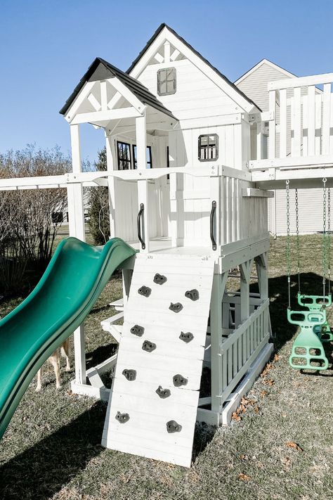 Our Backyard Discovery Swing Set Makeover: Before and After White Playground Set, Playground Remodel, Swing Set Makeover, Playground Makeover, Playset Makeover, Playset Ideas, Diy Swing Set, Playhouse Diy, Playhouse Makeover