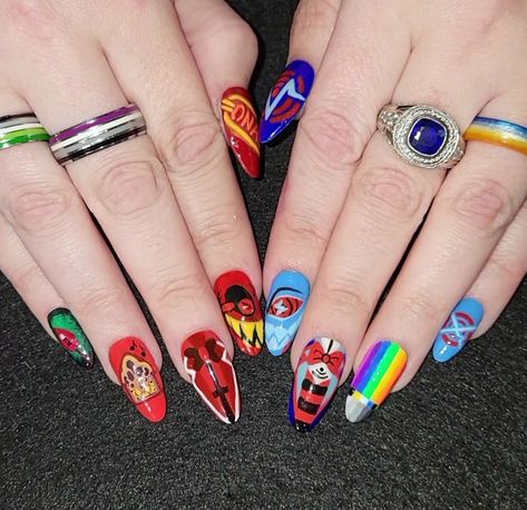 Vox Hazbin Hotel Nails, Hazbin Hotel Inspired Nails, Alastor Nails, Helluva Boss Nails, Hazbin Hotel Nails, Fake Nails Designs, Anime Nails, Hotel Trivago, Simple Gel Nails