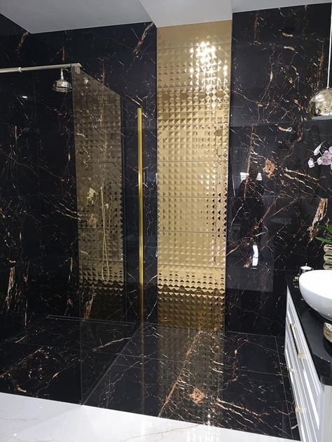 Black And Gold Bathroom Tiles, Sauna Bathroom Ideas, Stone Mosaic Bathroom, Small Washroom Design, Chalet House, Basic House, Heather Hills, Dining Room Design Luxury, Black And Gold Bathroom