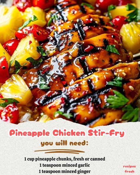 Ingredients:\n2 tsp vegetable oil\n1 lb boneless skinless chicken thighs\n1 red bell pepper\n1 cup pineapple chunks\n1 tsp minced garlic\n1 tsp minced ginger\n... \nInstructions:\nHeat oil in a pan over medium-high heat.\nSeason chicken with salt and pepper, cook 6-8 min.\nAdd red bell pepper and pineapple, cook 4-5 min.\n... \n#AsianFusion #PineappleChicken #StirFry #EasyDinner #Foodie Minced Garlic Recipes, Pineapple Chicken Stir Fry, Ultimate Cookie Recipe, Chicken And Pineapple, Season Chicken, Soy Chicken, Pineapple Chunks, Pineapple Recipes, Fresh Baked Cookies