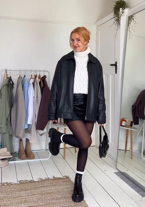 Leather Jacket And Tights Outfit, Tall Black Boots Outfit Midsize, Skirt And Tights Outfit Midsize, Autumn Concert Outfit Ideas, Black Tights Outfit Midsize, Plaid Pencil Skirt Outfit Winter, Chelsea Boot And Skirt Outfit, Midsize Skirt Outfit Winter, Midsize Tights Outfit