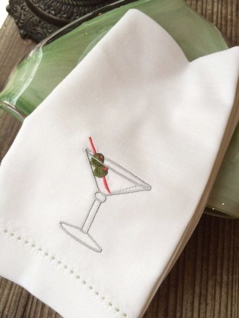 "Martini Drink Cocktail Embroidered Cloth Napkins Set of 12 embroidered napkins 20\" x 20\"  AVAILABLE FABRICS (see pictures for clarification): 1. Hemstitch Cotton: White, Ivory, Black, Navy, Grey, Red - Hemstitch edge is elegant and formal. 2. Sateen Cotton with Mitered Corners: White, Ivory, Black or Gray - Modern, crisp napkins with mitered corners 3. 100% White Hemmed Linen: Classic linen napkin for a chic and classic look. 4. White Cotton/Linen Blend: Pristine, elegant napkins, beautiful l Embroidery Napkins, Martinis Drinks, Napkins Cloth, Halloween Napkins, Easter Napkins, Monogrammed Napkins, Embroidered Napkins, Cloth Cocktail Napkins, Custom Napkins