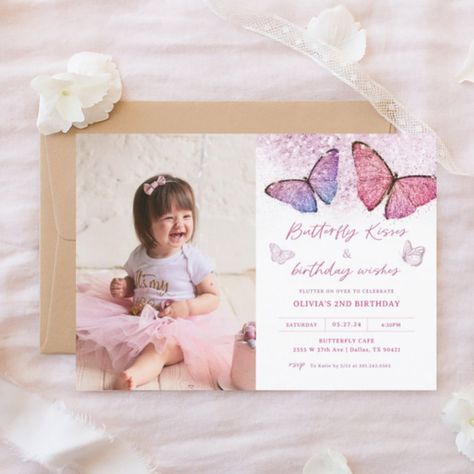 Butterfly Kisses And Birthday Wishes Party Photo Invitation - Birthday Invitation Birthday Invitations Butterfly, Butterfly Kisses And Birthday Wishes, 1st Birthday Butterfly, Birthday Party Butterfly, Butterfly Theme Birthday, Butterfly 1st Birthday, Butterfly Birthday Theme, Birthday Butterfly, Birthday Kiss