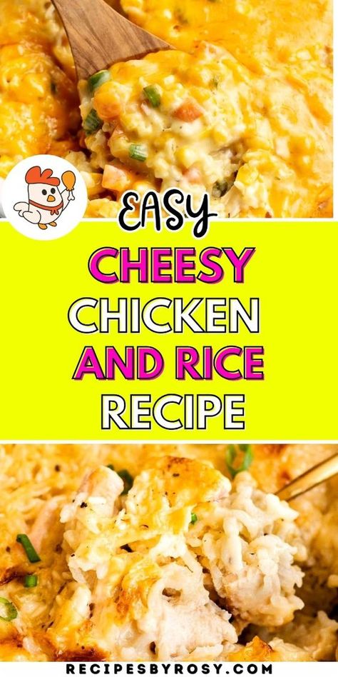 Looking for a quick and easy dinner idea? This cheesy chicken and rice casserole is baked to perfection with melted cheese, tender chicken, and flavorful rice. Perfect for those busy moments when you need a comforting meal without the fuss. You’ll love how simple this recipe is to make, and it’s guaranteed to be a family favorite. Grab your ingredients and get ready for a warm, cheesy delight! Easy Meals To Make With Chicken, Chicken And White Rice Recipes, Simple Chicken And Rice Recipes, Chicken Cheese Rice Casserole, Chicken Breast Recipes With Rice, Easy Recipe With Chicken, Easy Cheesy Chicken And Rice, Chicken And Rice Recipes Easy, Baked Chicken And Rice Recipes