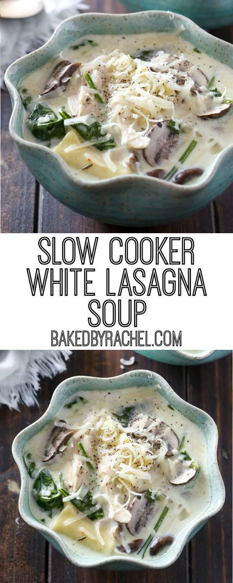 Slow Cooker White Lasagna, White Chicken Lasagna Soup, White Lasagna Soup, Chicken Lasagna Soup, Lasagne Soup, Slow Cooker Lasagna Soup, Soup With Mushrooms, Lasagna Soup Crockpot, Chicken Lasagne