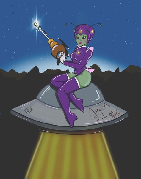 Alien Female Character Design, Pin Up Alien, Leela Tattoo, Alien Pinup, Pinup Reference, Space Pinup, Tattoo Alien, Alien Illustration, Vintage Spaceship