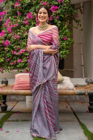 Leheriya Saree, Grey Saree, Sarees Silk, Grey Blouse, Red Saree, Bridesmaid Outfit, Blouse For Women, Embroidered Neckline, Silk Embroidery