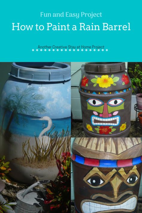 Painted Water Barrel Ideas, Painting Rain Barrels, Painting A Rain Barrel, Painting Rain Barrels Diy, How To Paint A Plastic Rain Barrel, Paint Rain Barrel, Rain Barrel Painting, Rain Barrel Decorating Ideas, Painted Rain Barrels Ideas