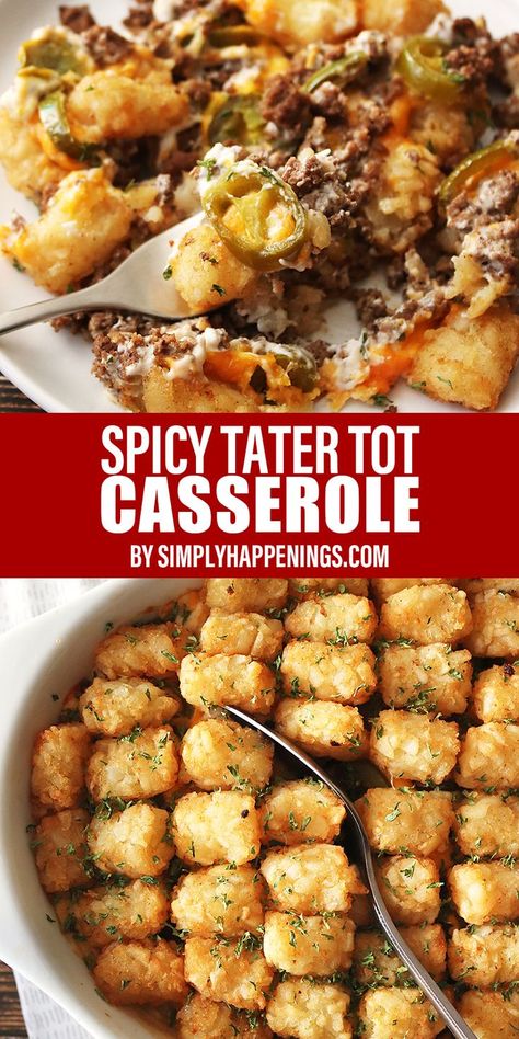 Spicy tater tot casserole with ground beef, hot sauce, cheddar cheese, homemade cream of mushroom soup, sour cream, spicy seasoning, and jalapeños to give a nice kick to this family favorite dish. Makes a great freezer dish as well! Tater Tot Casserole With Ground Beef, Hamburger Pasta, Casserole With Ground Beef, Sauce Cheddar, Quick Casseroles, Tater Tot Recipes, Tater Tot Casserole Recipes, Tator Tots, Hamburger Casserole