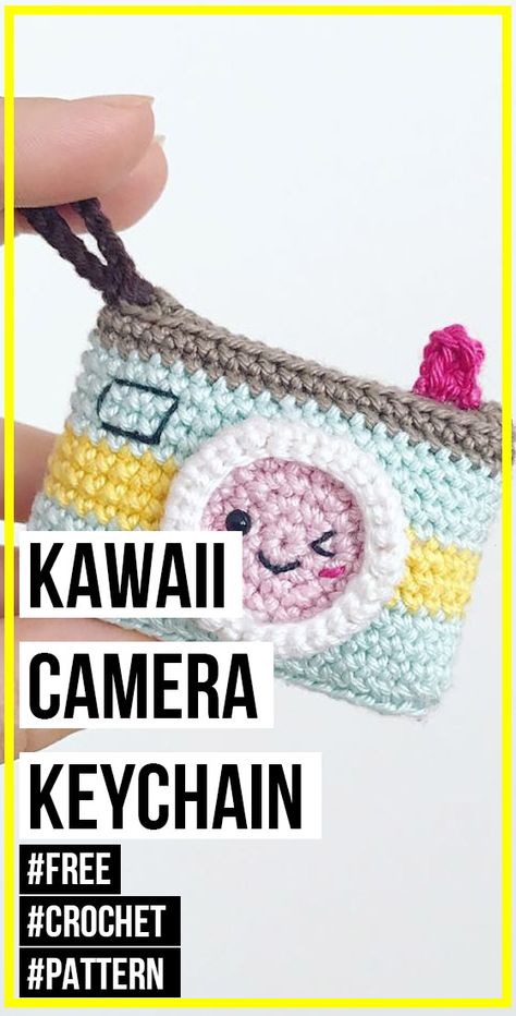 crochet Kawaii Camera Keychain free pattern - easy crochet decorative pattern for beginners Camera Crochet, Kawaii Camera, Polaroid Holder, Decorative Crochet, Camera Keychain, Free Pattern Crochet, Crochet Keychain Pattern, Decorative Pattern, Crochet Keychain