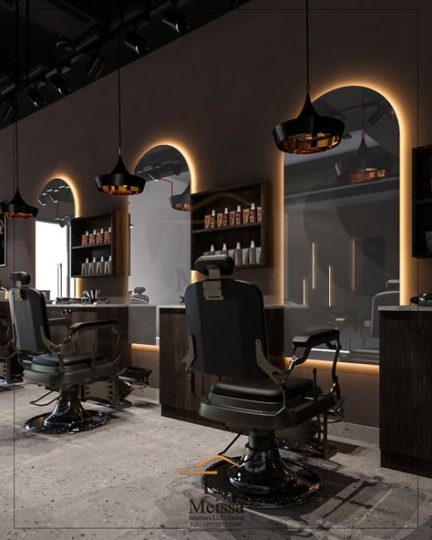 Boutique Barber Shop, Men’s Salon Interior, High End Barbershop Design, High End Barbershop, Men's Barber Shop Decor, Cool Barber Shop Ideas, Barber Salon Interior Design, Barber Setup At Home, Gothic Hair Salon