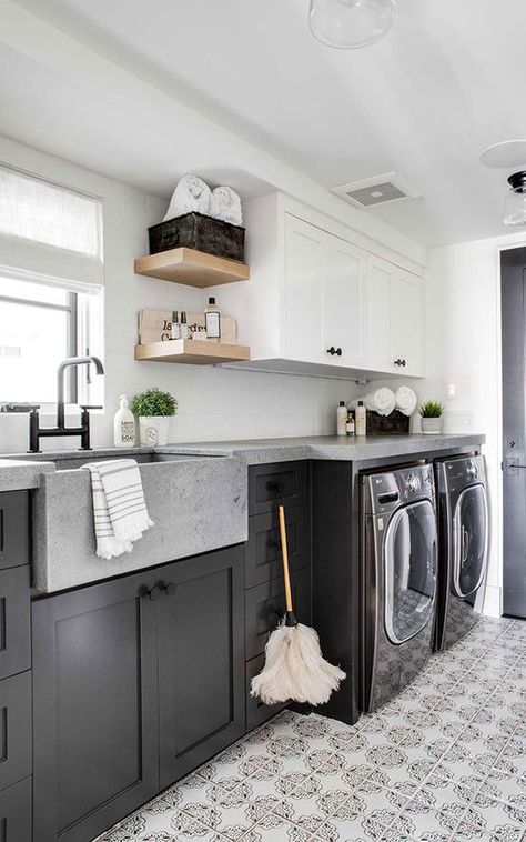 32 Timeless Black And White Laundry Room Ideas | Home Design And Interior Laundry Room Tile, White Laundry Rooms, White Laundry, Farmhouse Laundry, Laundry Design, Farmhouse Laundry Room, Laundry Room Cabinets, Laundry Room Inspiration, Room Tiles