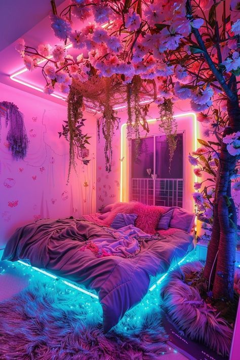 Vibey Room Lighting, Egirl Bedroom Aesthetic, Vaporwave Bedroom Aesthetic, Glow Bedroom, Baddie Room Ideas Aesthetic, Adult Room Ideas, Whimsigoth Bedroom, Baddie Room Ideas, Sensory Party