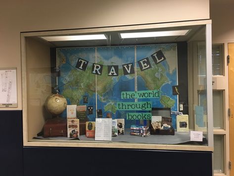 Travel The World Through Books Display, Read A Thon, World Library, Around The World Theme, School Library Displays, Library Decor, Library Displays, Book Display, School Library