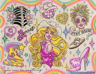 tattoo flash sheet • Instagram Barbie Flash Sheet, Girly Flash Tattoo, American Traditional Barbie Tattoo, Girly Flash Art, Dainty Flash Sheet, Well Tattoo, Barbie Tattoo, Tattoo Background, Retro Tattoos