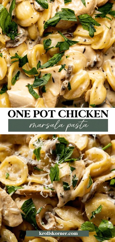 One-Pot Creamy Chicken Marsala Pasta - Kroll's Korner Chicken Marsala Pasta, Creamy Chicken Marsala, Marsala Pasta, Krolls Korner, Marsala Sauce, Marsala Wine, How To Cook Mushrooms, Chicken Marsala, Turkey Dishes