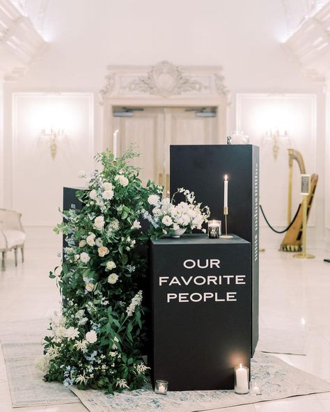 HOUSE OF CATHERINE on Instagram: “Some of our favorite people in one photo right here! Can’t wait to show you more photos of this gorgeous wedding this week. —— Coming out…” White And Black Wedding Signage, Black And White Acrylic Wedding Sign, Black Arch Wedding Sign, Wedding Hashtag, Hand Lettering Inspiration, Romantic Bride, Wedding In The Woods, Signature Cocktail, Wedding Mood Board