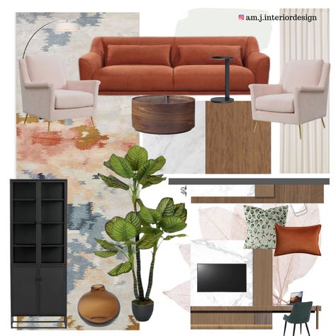 Art , design, interior Orange Sofa Aesthetic, Amber Living Room, Moodboard Orange, Modern Scandinavian Interior Design, Green Moodboard, Orange Couch, Modern Scandinavian Interior, Family Area, Orange Sofa