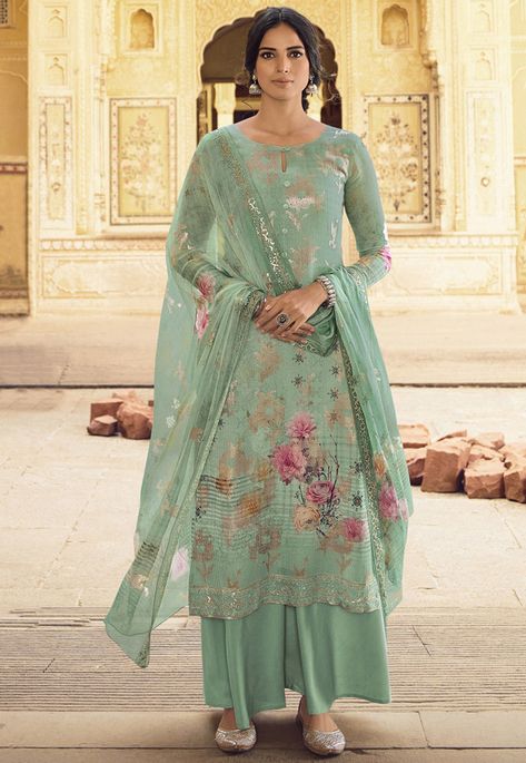 Faux Georgette Pakistani Suit in Sea Green This Unstitched attire with Poly Shantoon Lining is Enhanced with Digital, Floral Print, Resham and Sequins Work Available with a Poly Shantoon Palazzo and a Faux Chiffon Dupatta in Sea Green Do note: Accessories shown in the image are for presentation purposes only. (Slight variation in actual color vs. image is possible). Indian Ethnic Fashion, Linen Style Fashion, Modest Dresses Fashion, Pakistani Suit, Latest Dress Design, Princess Flower Girl Dresses, Pakistani Fancy Dresses, Utsav Fashion, Wedding Saree Indian