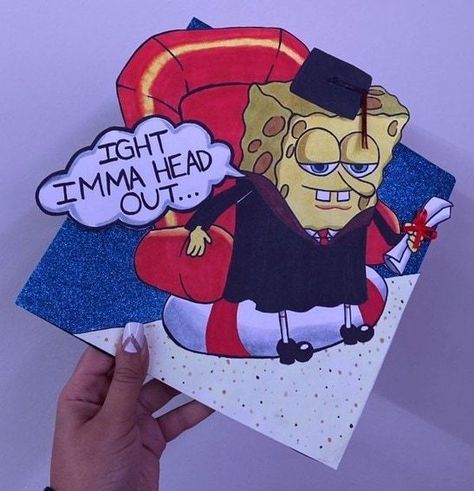 Graduation cap ideas and graduation cap designs to try Funny Graduation Cap Decoration, Graduation Cap Designs Funny, Spongebob Graduation, Funny Grad Cap Ideas, Spongebob Graduation Cap, Cap Decoration Graduation, High School Graduation Cap Designs, Graduation Hat Designs, Grad Cap Ideas