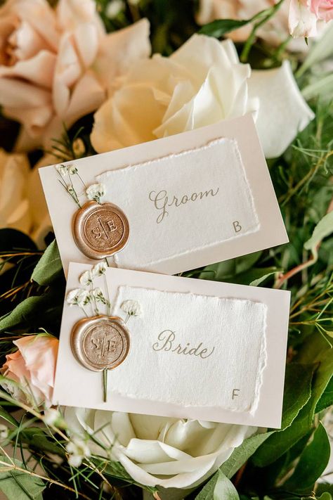 Wedding Reception Name Tags, Wax Seal Place Cards Weddings, Deckled Edge Place Cards, Boho Wedding Place Cards, Wedding Name Tags Ideas, Suits Video, Make Up Flawless, Wedding Place Cards Rustic, Creative Place Cards Wedding