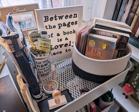 A bookish TBR cart including my book journal, annotation supplies, bookmarks, book stamp, and a TBR basket Tbr Cart Ideas, Tbr Cart Aesthetic, Book Carts Aesthetic, Tbr Cart, Book Gift Basket, Library Cart, Journal Bookmark, Tea Journal, Book Basket