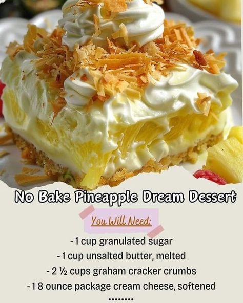 Dream Pie Recipe, Whipped Pineapple, Pineapple Topping, Pecan Cheesecake Bars, Fruit Cake Recipe Christmas, Pineapple Filling, Pineapple Dream, Pineapple Dream Dessert, Dream Dessert