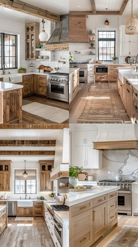 17 Gorgeous Kitchens with Two-Tone Kitchen Cabinets - TrendyDesign Blonde Kitchen Cabinets Ideas, Cream Upper Cabinets Wood Lower Cabinets, Two Toned Wood Kitchen Cabinets, Mixed Woods In Kitchen, White Vs Cream Kitchen Cabinets, Light Wood Cabinet Kitchen, French Modern Kitchen Design, Two Tone Wood Kitchen, Historic Kitchen Renovation