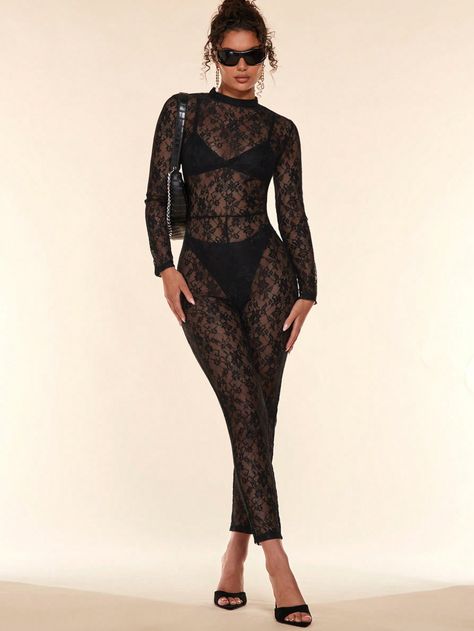 SHEIN BAE Floral Lace Mock Neck Jumpsuit Without BodysuitI discovered amazing products on SHEIN.com, come check them out! Lace Jumpsuit Outfit, Lace Bodysuit Outfit, Catsuit Outfit, Elegant Bodysuit, Rave Bodysuit, Pole Dance Wear, Mini Dress Outfits, Body Suit Outfits, Lace Jumpsuit