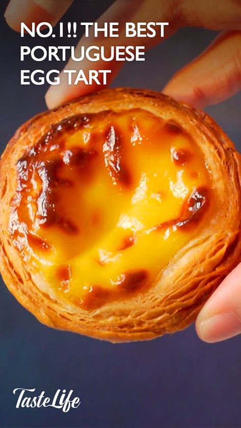 Taste Life - No.1!! The Best Portuguese Egg Tart👉... Portuguese Egg Tart Recipe, Portuguese Pastry, Portuguese Custard Tart Recipe, Natas Recipe, Egg Tart Recipe, Portuguese Tarts, Portuguese Dishes, Portuguese Egg Tart, Bake Off Recipes