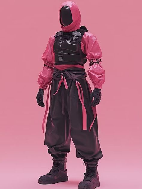 Scifi Mechanic, Cyberpunk Outfit Men, Ninja Images, Cyberpunk Wear, Mechanic Fashion, Black Tactical Vest, Mechanic Clothes, Monochromatic Pink, Cyberpunk Outfit