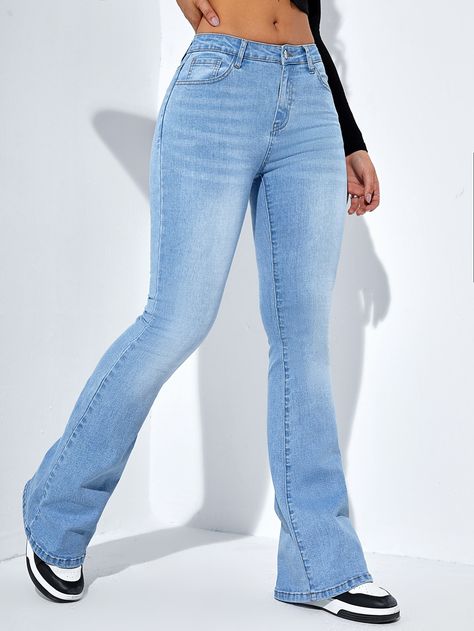 SHEIN Frenchy Slant Pocket Bootcut Leg Jeans Regular Fit Jeans Outfit Women, Bootleg Jeans Outfit, Wag Dr, Women's Denim Jeans, Top Moda, Bootcut Jean, Blue Bell, Denim Patterns, Bootcut Pants