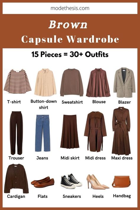 Discover all the essentials for a dynamic and unique brown capsule wardrobe in this guide! Get inspired with more than 30 brown outfit ideas created from just 15 pieces! Brown Capsule Wardrobe, Brown Outfit Ideas, Jean Midi Skirt, Capsule Wardrobe Essentials, 30 Outfits, Brown Blouse, Capsule Outfits, Brown Outfit, Blazer Shirt