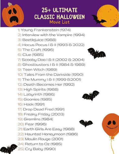 With so many great Halloween movies to choose from, these are some favorite not-so-scary movies to watch during the month of October. How many of these have you seen? What are some of your favorite Halloween flicks? Classic Halloween Movies List, Halloween Things To Do, Scary Movies To Watch, Classic Halloween Movies, Halloween Movies List, The Craft 1996, Goonies 1985, Halloween Movie Night, Teen Witch