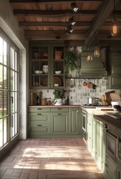 How To Create a Cozy Yet Modern Farmhouse Kitchen Farmhouse Style Kitchen Cabinets, Earthy Kitchen, Modern Farmhouse Kitchen, Casa Country, Kitchen Cabinet Styles, Farmhouse Kitchen Design, Modern French, Cottage Kitchens, Green Cabinets