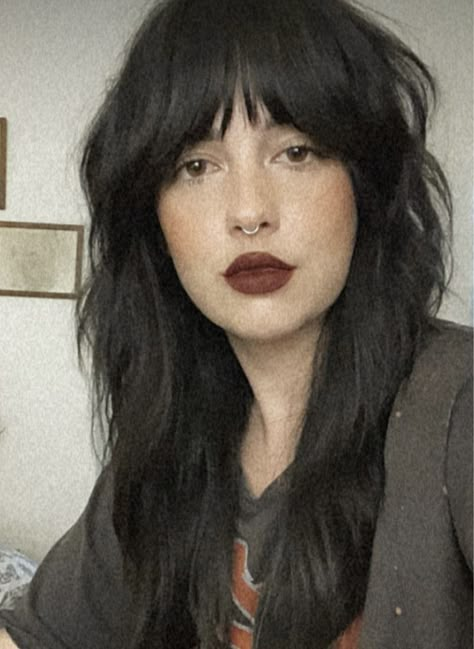 Wing Bangs Long, Long Shag Haircut With Fringe, Wispy Bangs Long Shag, Professional Hair Dye Ideas, Mullet Shag Long Hair, Popular Hair For 2023, Dark Hair Shag With Bangs, Emo Medium Hair, Messy Fringe Bangs