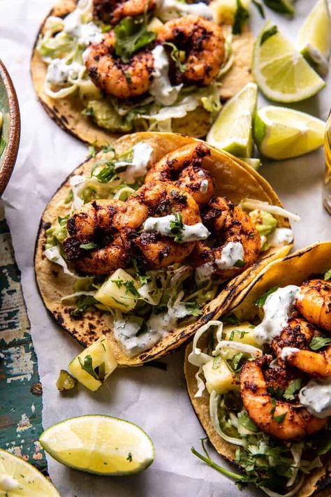 Sheet Pan Jalapeño Pineapple Shrimp Tacos with Cilantro Garlic Sauce | halfbakedharvest.com Pineapple Shrimp Tacos, Jalapeño Pineapple, Yummy Bowls, Cilantro Garlic Sauce, Pineapple Shrimp, Half Baked Harvest Recipes, Roasted Jalapeno, Roasted Shrimp, Cilantro Sauce