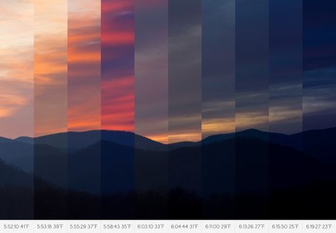 Time-lapse sunset. What a very cool photo concept for a mountain landscape! I love the 10 different shots combined into one. You can see how much the sky colors change from sunset to nightfall along with the time stamps and temperature change labeled below. Photography Assignments, Time Lapse Photography, Photo Class, Creative Landscape, Space Photography, Sky Color, Tumblr Photography, Video Photography, Mountain Landscape