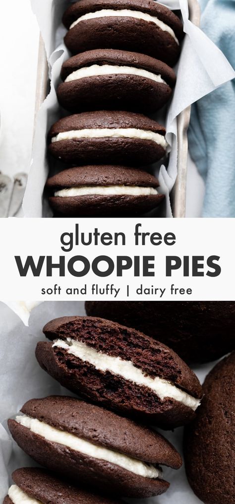 Gluten Free Whoopie Pies Gluten Free Dairy Free Whoopie Pies, Gluten Free Torte, Gluten Free Whoopie Pie Recipe, Gluten Free Moon Pies, Gluten Free Woopy Pies, Gluten Free Dairy Free Baked Goods, Fun Gluten Free Desserts, Whoopie Pies Gluten Free, Gluten Free Cookies Recipes