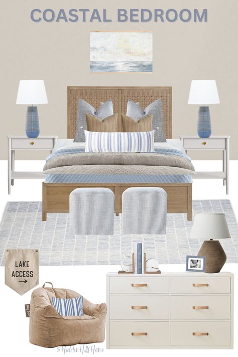 Coastal bedroom decor mood board with tan, blue, and cream tones! This bedroom features a woven rattan bed paired with neutral nightstands with blue table lamps! This is the perfect lake or beach house bedroom Beach Theme Bedroom Master Boho, Blue And Cream Master Room, Blue And Tan Coastal Bedroom, Slate Blue And Sand Bedroom, Tan White And Blue Bedroom, Coastal Double Twin Bedroom, Grey Blue Coastal Bedroom, Coastal Wicker Bedroom, Elegant Beach Bedroom