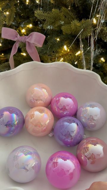 Aurelie Erikson on Instagram: "DIY Anthro Inspired Ornaments ✨🎀 Are these not the most gorgeous ornaments you’ve ever seen? 🤩 I’ve been seeing these everywhere and knew I had to try making them myself. I think it’s safe to say everyone needs to add these to their Christmas craft list this holiday season! 🎄🎀✨ All you need is iridescent ornaments and acrylic paint 🎨 save & share with a Christmas lovin girly 🫶🏼 Inspired by @woodenthatbesomethin 💕 . . . . . . #diychristmas #christmasdecor #pinkmas #pinkchristmas #christmasdiy #christmashome #christmasornaments #christmasmantle #whimsical #christmashomedecor #christmascrafts #tistheseason" Anthro Inspired Christmas, Aurelie Erikson, Iridescent Ornaments, Christmas Mantle, Instagram Diy, Christmas Craft, Pink Christmas, Tis The Season, Christmas Home