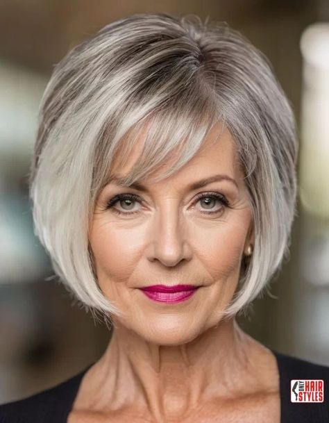 Short Stacked Bobs With Bangs, Feathered Stacked Bob, Grey Bob Hairstyles Over 50 With Fringe, Fine Hair Bobs With Bangs, Layered Bob Square Face, Stacked Bob Hairstyles With Bangs, Shags For Fine Hair Over 50, Short Bob Over 50, Short Haircut With Layers And Bangs